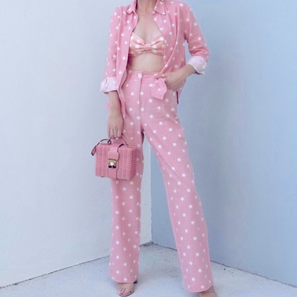 Zara Linen Pink Polka Dot Pants Size XS NWT - Picture 3 of 5